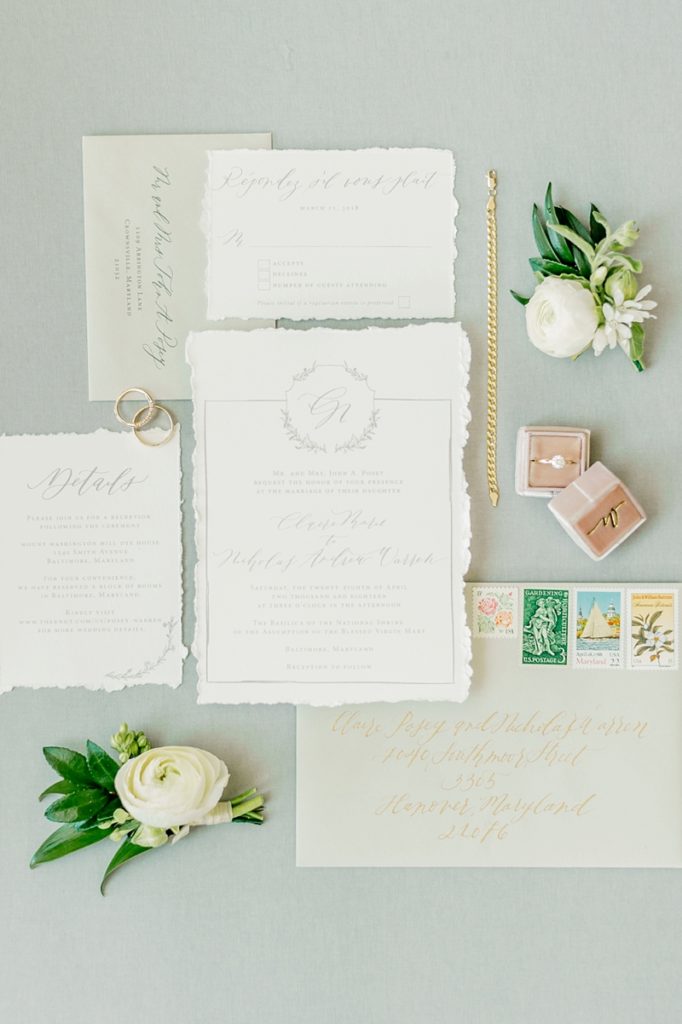 Invitation Suite with Torn Edging | Kelsey Malie Calligraphy | Mt. Washington Mill Dye House wedding in Baltimore as photographed by Lauren R Swann Photography and planned by Adriana Marie Events. Featuring blush, romantic details for couples seeking an industrial and elegant day!