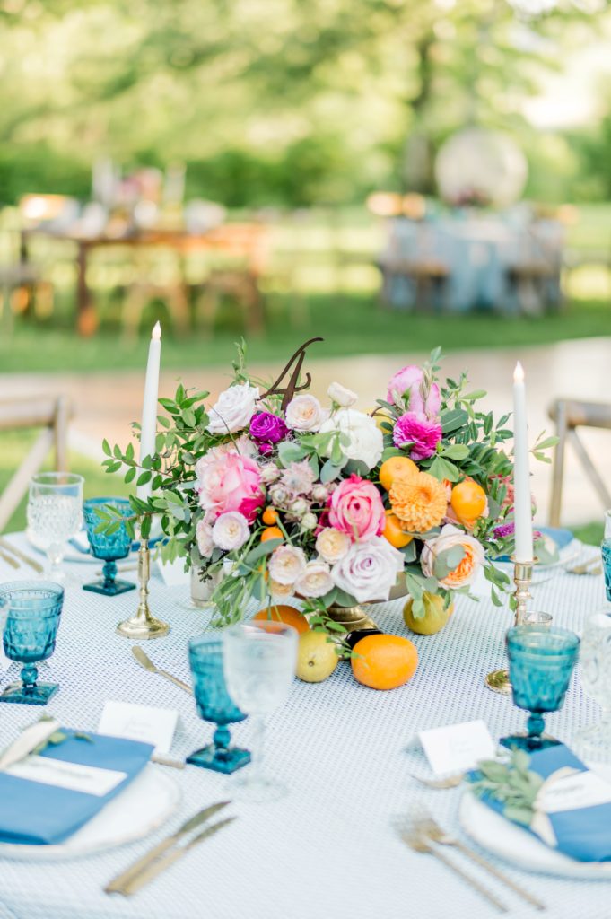 Alfresco Dining Tables | An Intimate Oatlands Plantation garden wedding featuring bold citrus colors photo